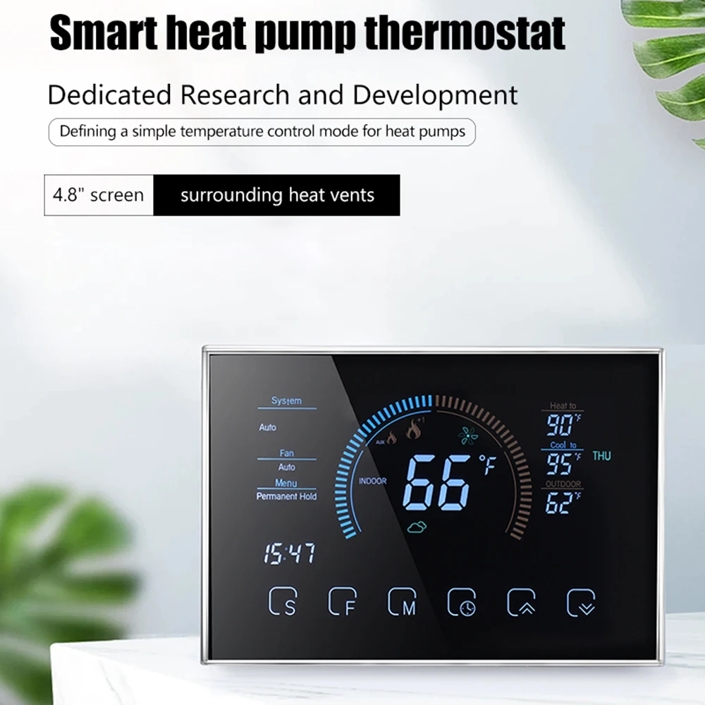 Thermostat Temperature Controller 4.8 Inch Color LCD Screen Programmable Touch Control for Home Office Hotel Heat Pump Room