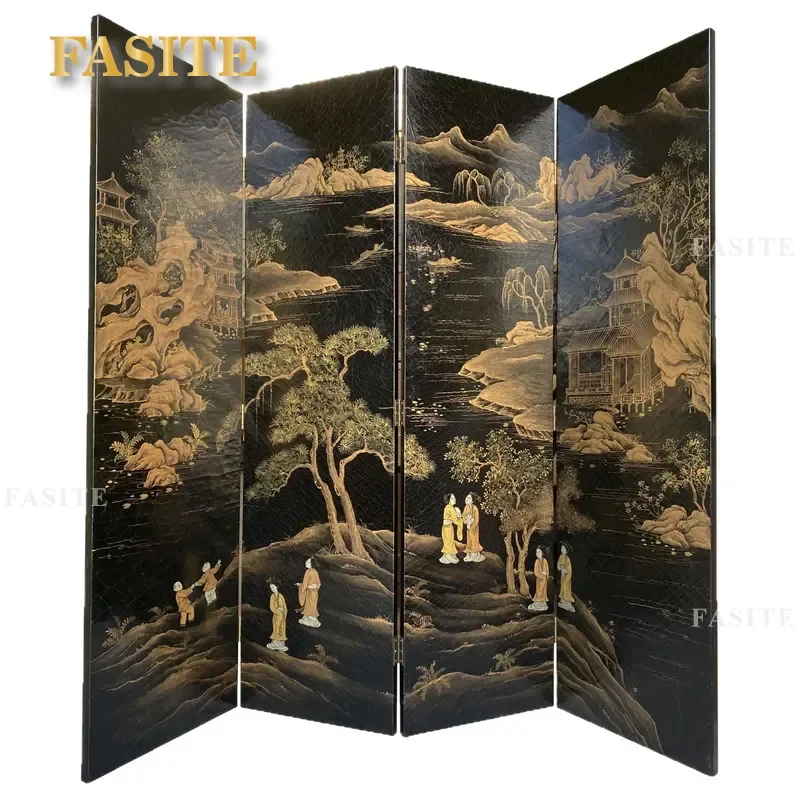 For New Chinese Style Folding Screen Partition Wood Lacquer Gold Painting Retro Office Hotel Villa Landscape Room Divider