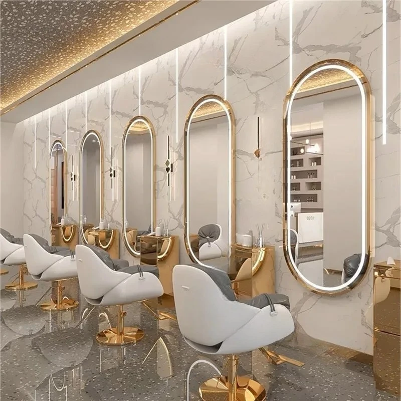 Luxury Barber Shop Mirror Station with Led Light Hair Salon Furniture Nordic Wall Mounted Touch Screen Hairdressing Mirrors P