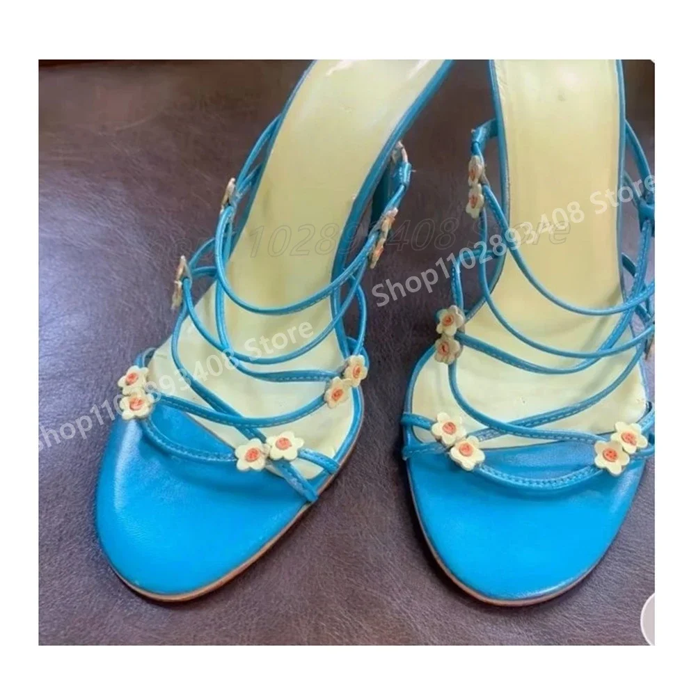 

Blue Many Small Flowers Decor Slippers Hollow Cross Tied Thin High Heel Party Sexy Women Shoes 2025 Summer Zapatos Para Mujere
