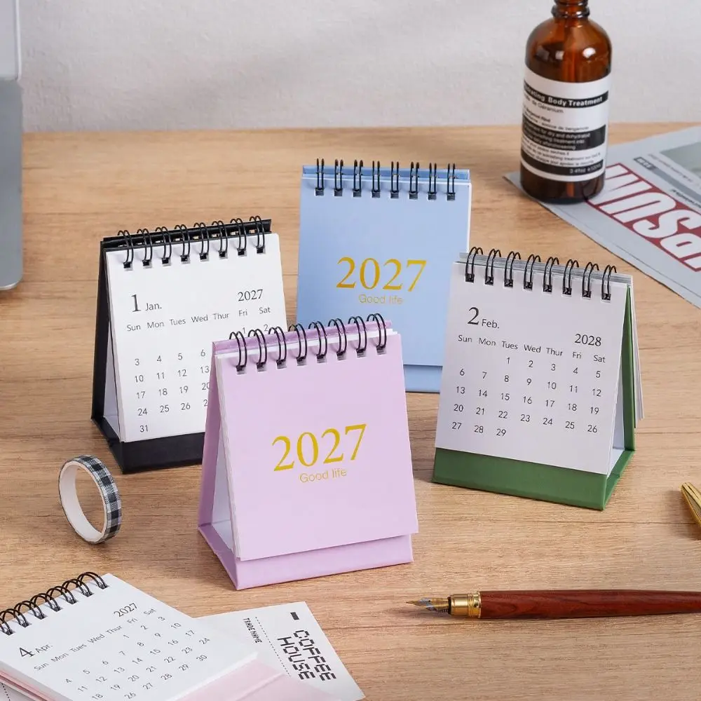 Jan 2027 Through Jun 2028 Monthly Calendar with Sticker Foldable Desk Flip Calendar English Calendar Steel Desktop Calendar