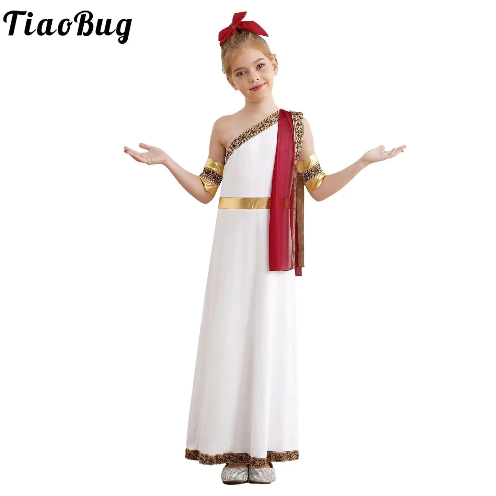 

Kids Girls Ancient Greek Toga Roman Goddesses Robe for Halloween Cosplay Costume One Shoulder Sleeveless Robe Dress with Cuffs