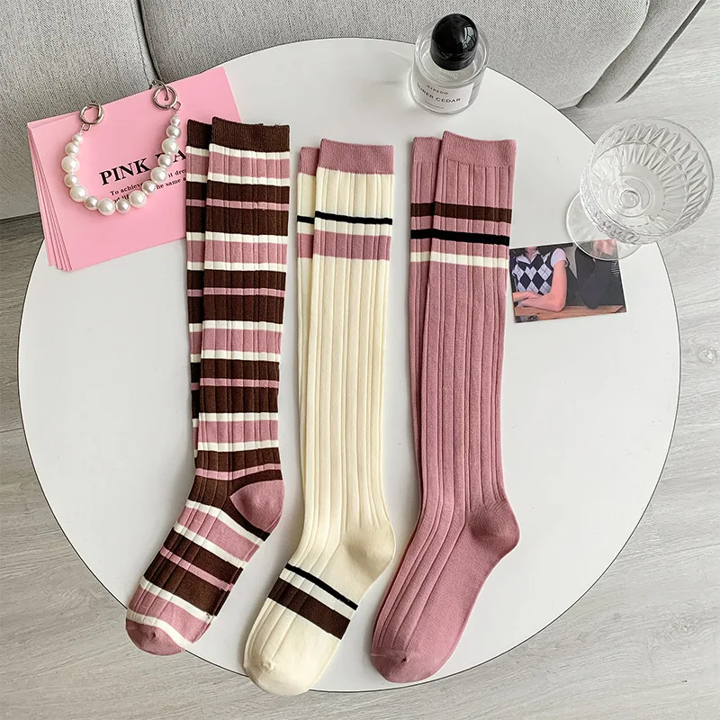 

Fashion Cotton Long Stockings Women Patchwork High Knee Socks Female Stripe Pink Sport Socks Leg Streetwear Calcetine mujer