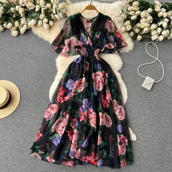 Retro Print Elegant Ruffle Short Sleeve V Neck Dress A-line Casual High Waist Women Summer Dresses