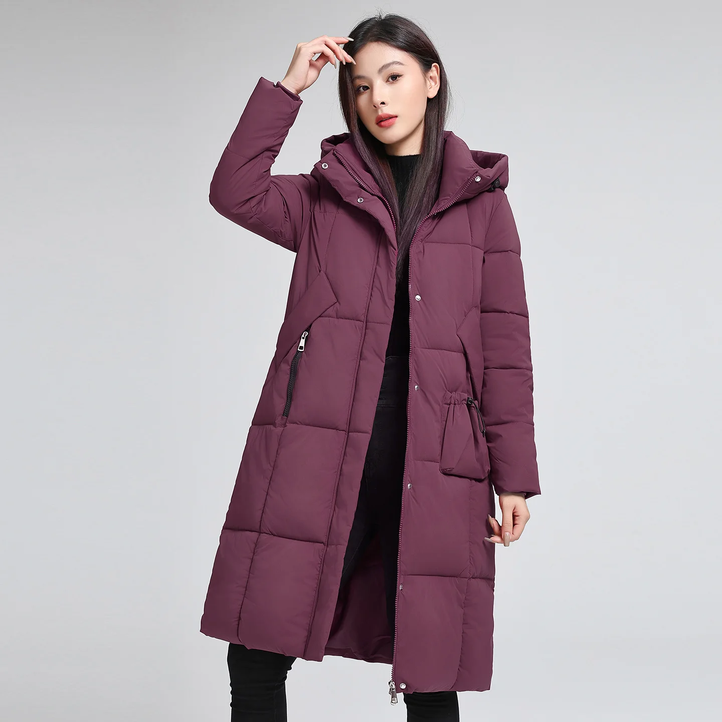 

Новинка зимы 2029, женская длинная хлопковая куртка с капюшоном, верхняя одежда на пуху, свободная утягивающая одежда для поездок на работу, Faion