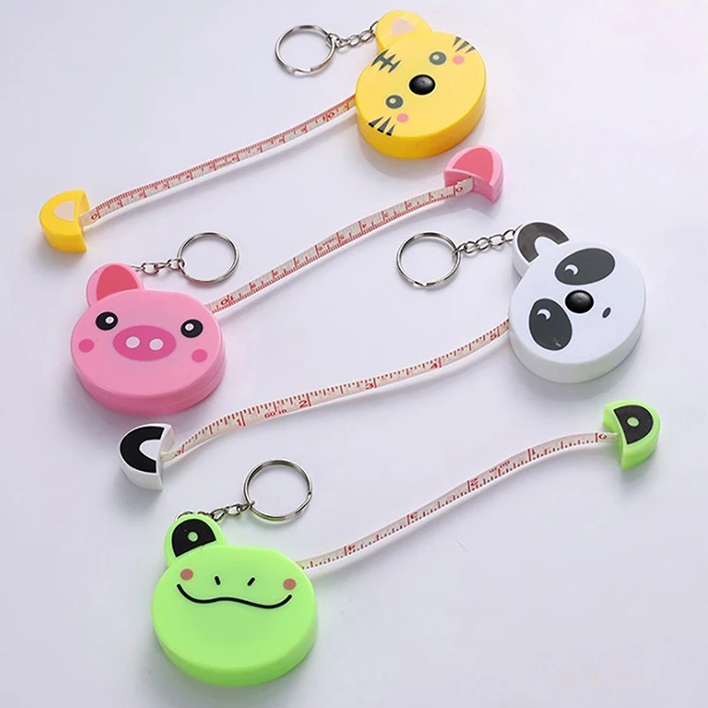 Cartoon Tape Measure 0-150cm 0-60 Inch Mini Portable Cute Animal Shape Key Ring Automatic Tape Measure Panda Frog Piggy Tiger