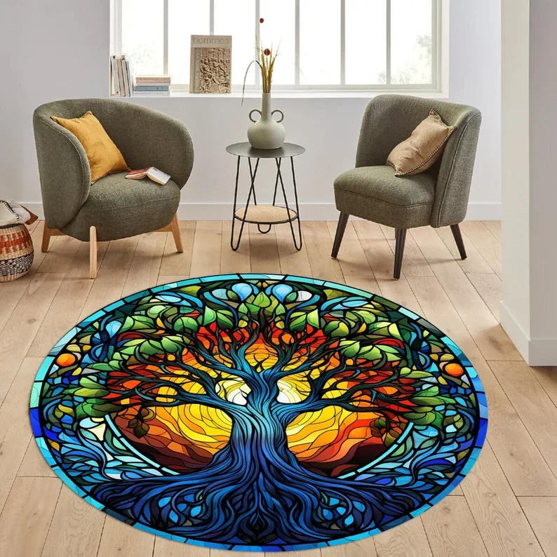 Colorful Chakra Tree Of Life Round Mat Living Room Yoga Space Sofa Floor Mat Coffee Table Meditation Indoor Decor Circle Rug