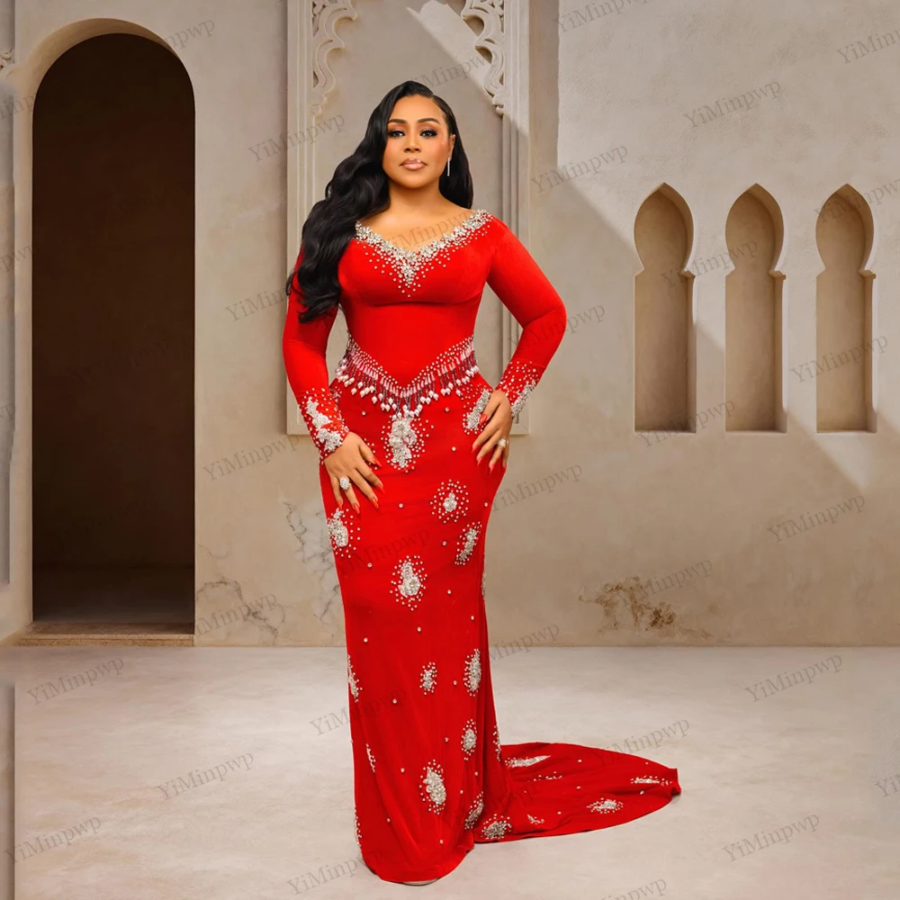 Gaun Malam Merah Diamantes Panjang Mewah 2025 Model Duyung V-Neck Berhias Berlian Imitasi Seksi Afrika Formal Pesta Prom Gala Gaun Dapat Disesuaikan
