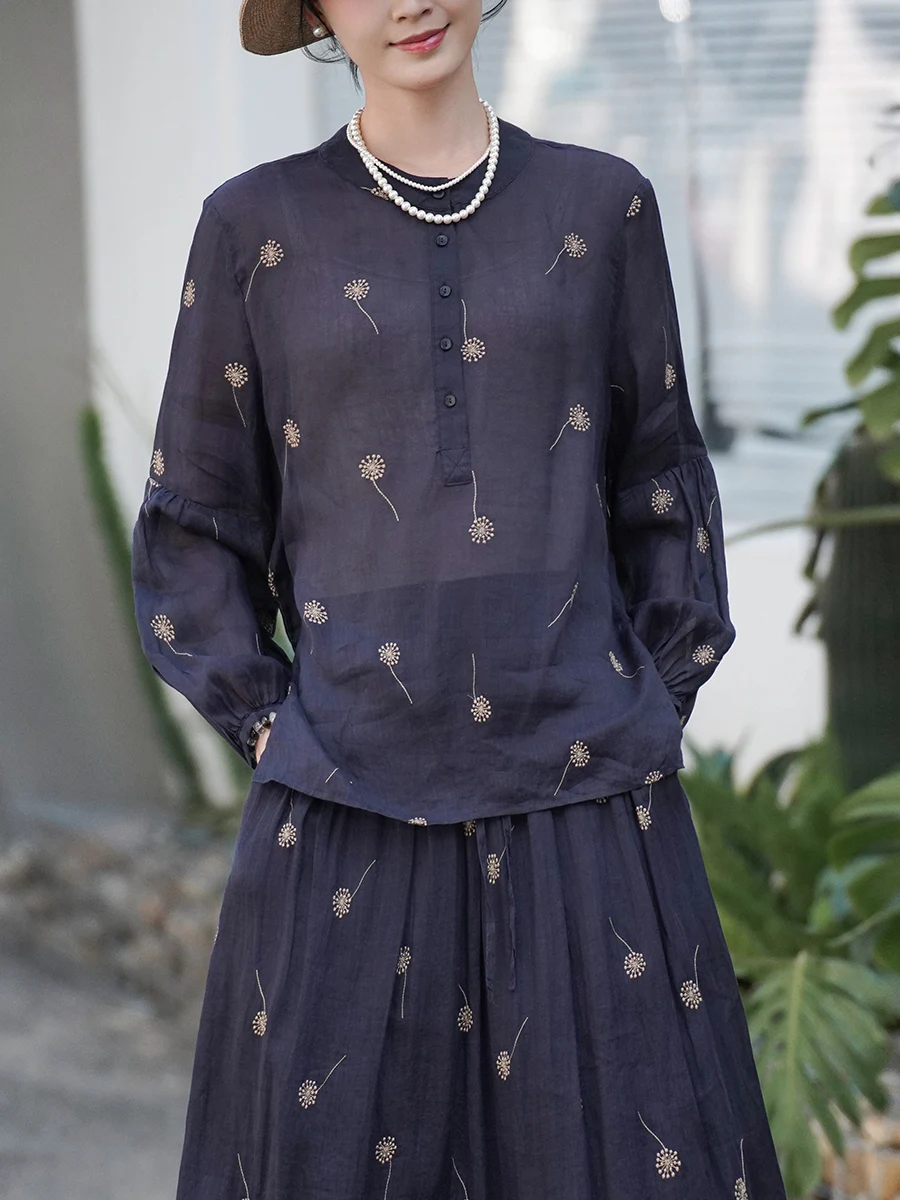 

Pure Flax Sun Protection Shirt Women's Thin Summer Fashion Retro Artistic Wild Daisy Agreement Loose Fit Long Sleeve round Neck