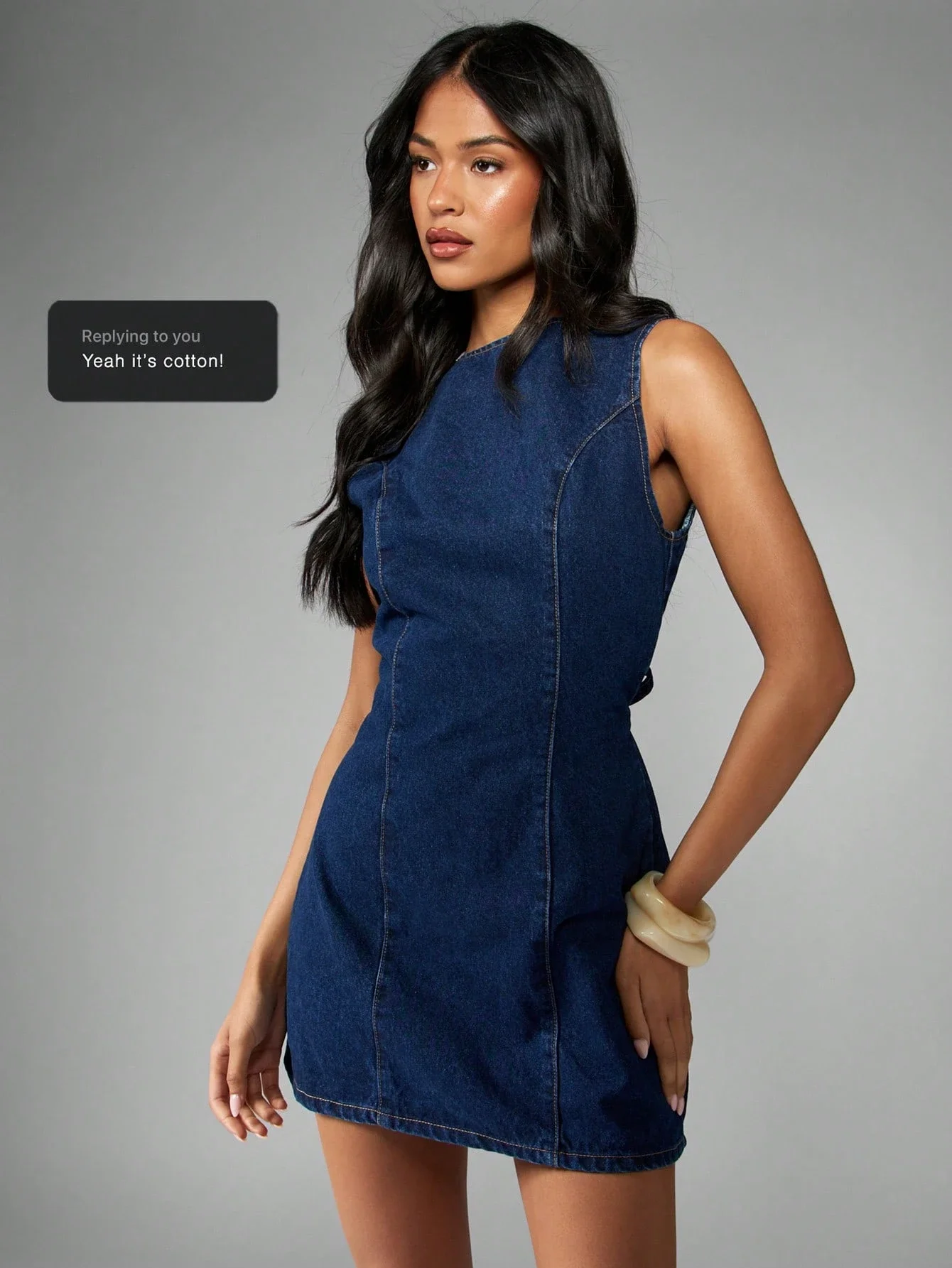 

Sleeveless Denim Mini Dress With Back Tie Waist Casual Chic Shift Style