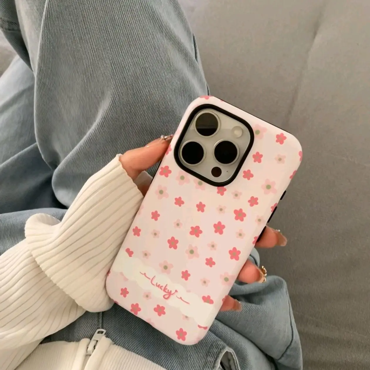 الكورية Ins الصغيرة الوردي الزهور كلمة محظوظ قضية الهاتف آيفون 16 15 14 13 برو ماكس 12 11 الغطاء الخلفي صندوق #6