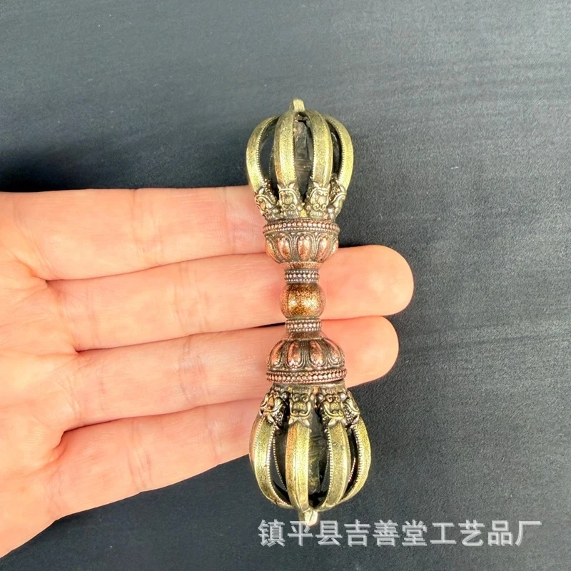 Tibetan-style , inlaid with yellow red copper, nine-pronged vajra scepter, hand-held ornament for home and offi