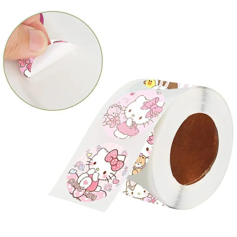 500Pcs Sanrio Hello Kitty Roll Stickers Kawaii Kuromi Cute Round Rectangular Seal Decorative Graffiti Stickers Rolls Toys Gifts