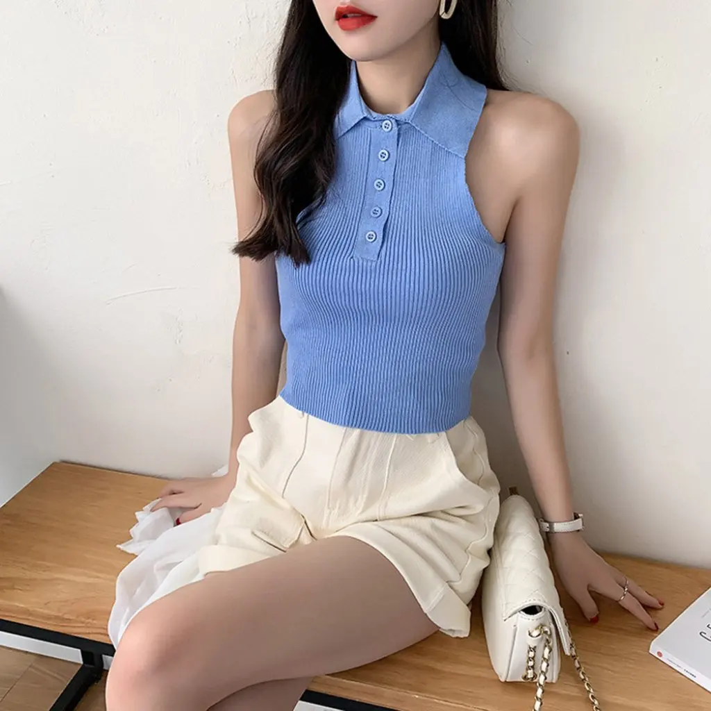 

Slim Design Knitwear Vest for Women Sexy Polo Collar Halter Pure Color European And American Style Fashion PG138