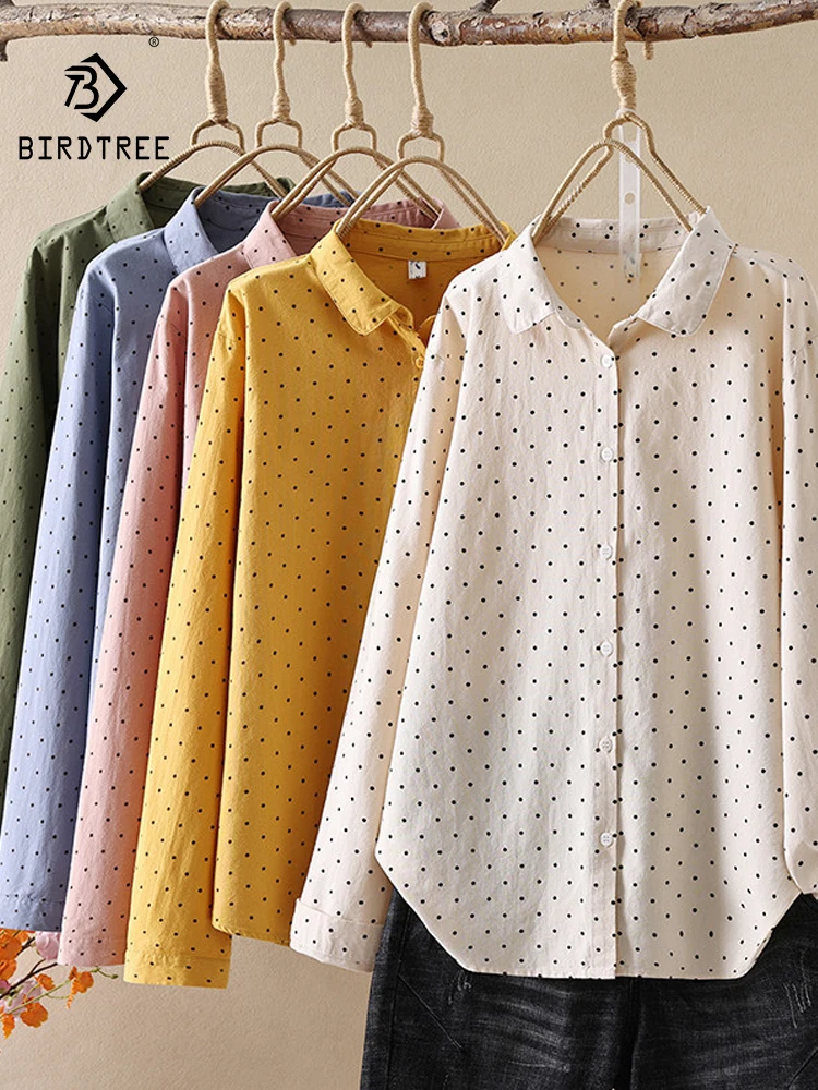 

New 2025 Spring Cotton Long Sleeve Shirt, Women Turn-down Collar Dot Print, Mori Girl Vintage Sweet Casual Loose Blouse T53833CC