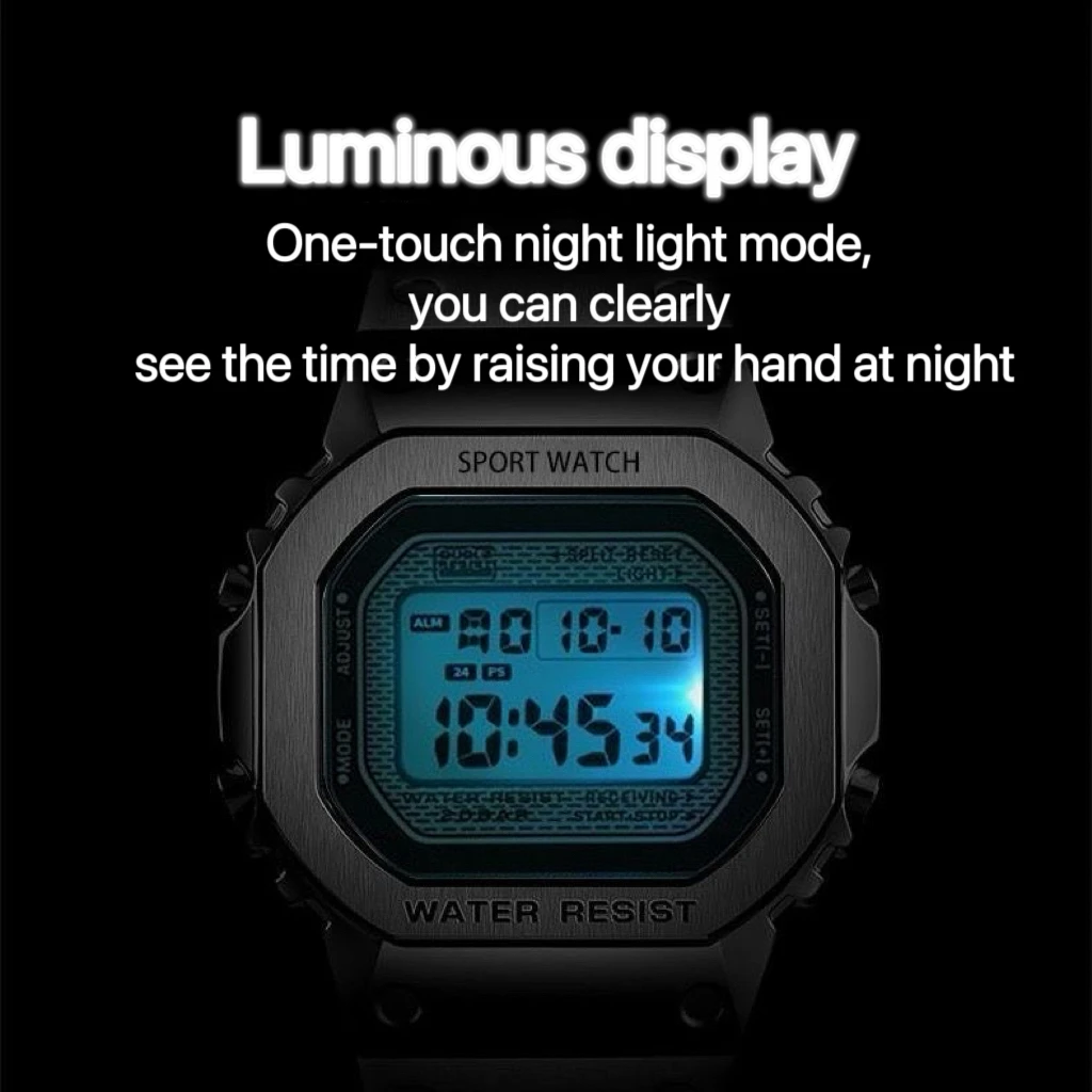 Square waterproof watch simple sports steel belt high-end luminous vibration alarm clock electronic watch men's watch