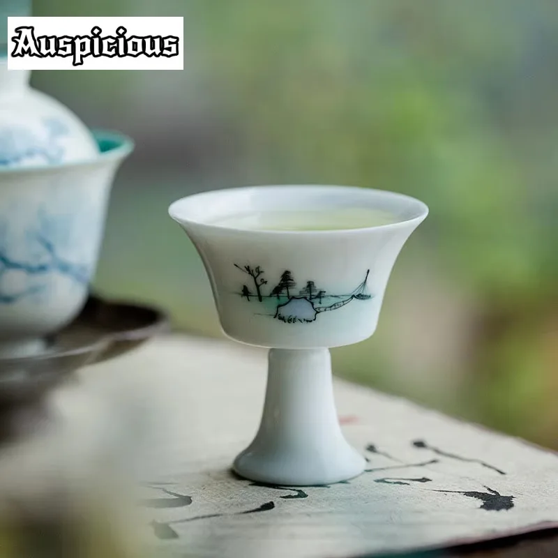 2pc/lot Pure Hand-painted Landscape High Foot Tea Cup Kung Fu Tea Master Cup Misty Blue Wihte Porcelain Teacup Drinkware 25ml