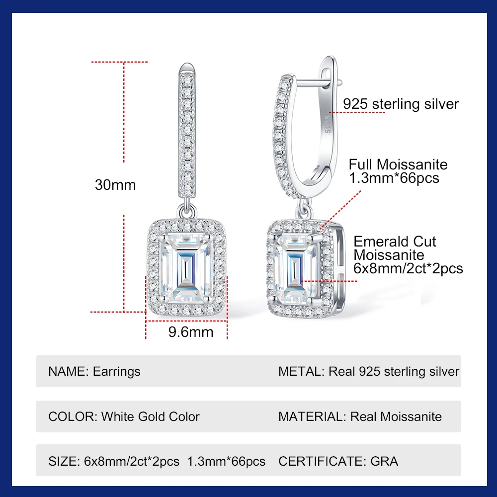 2CT Emerald Cut All Moissanite Dangle Earring S925 Sterling Silver Moissanite Drop Earrings For Women Sparkling Wedding Jewelry