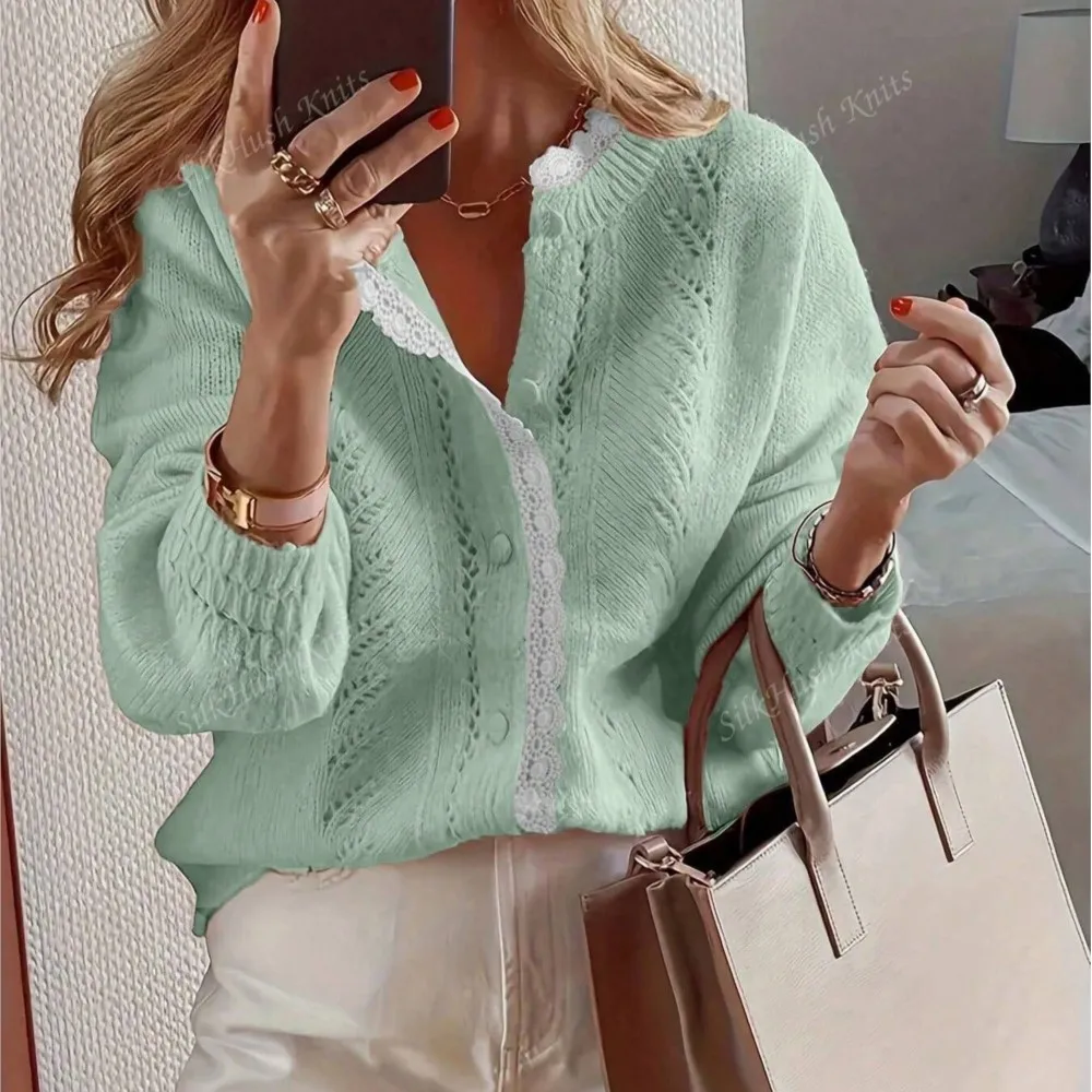 Women's Clothing Solid Color Knitted Cardigan Hollow Out Long-sleeved Single-breasted Sweater Jacket Simple Style All-match Slim 2
