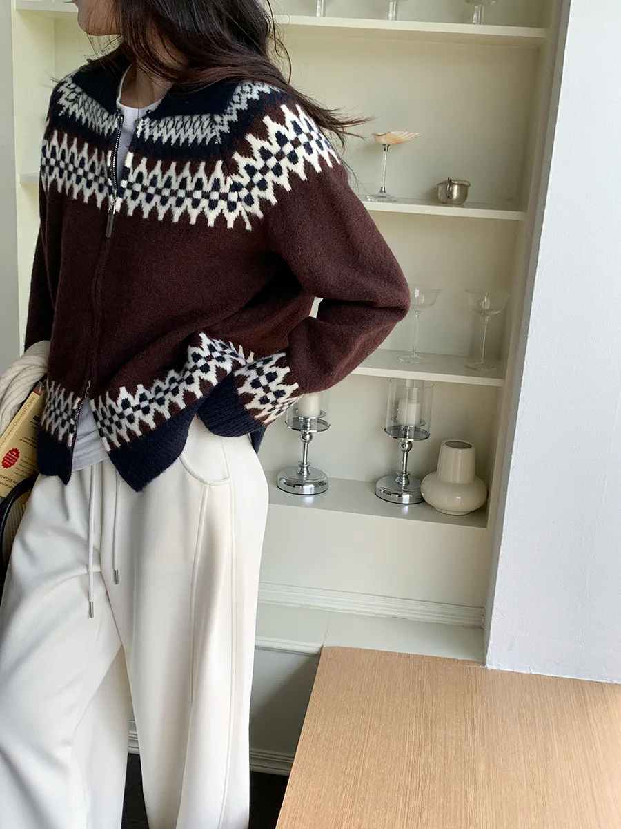 Sweter Ritsleting Ganda Jacquard Pulau Fel Vintage Baru Awal Musim Gugur