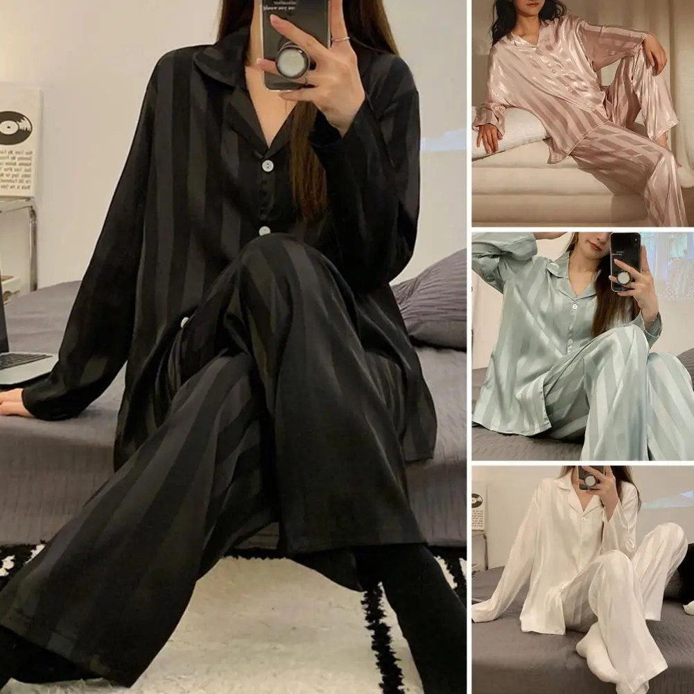 Women Lace Satin Pajama Set Women\'s Striped Silk Pajama Set with Long Sleeve Shirt Wide Leg Pants Spring/summer for Comfort