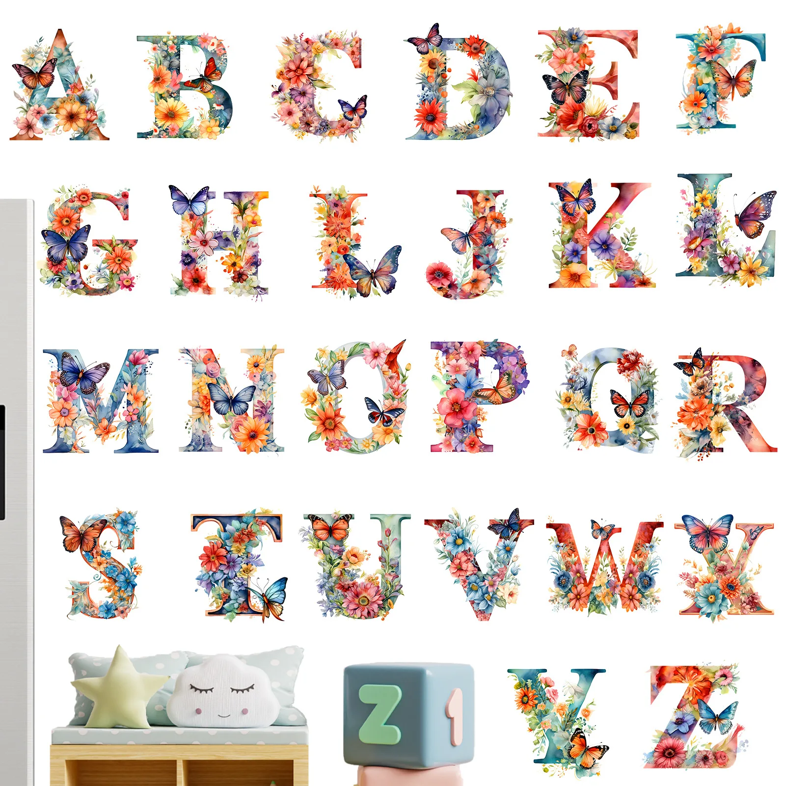 Alphabet Butterfly Flower Wall Stickers Creative Letters Educational Waterproof Removable Decals for Bedroom Living Room Home