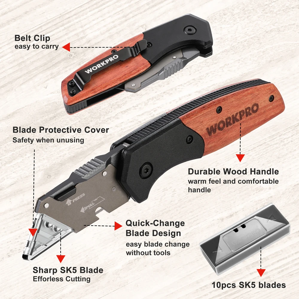 WORKPRO Utility Knife with Extra 10pc SK5 Blades Box Cutter for Cartons, Cardboard and Boxes ,Quick-Change Blade,Folding Knife