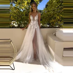 Luxury Flowers Wedding Dresses Woman's Sexy Spaghetti Straps Appliques High Split V Neck Bride Gowns Customized Vestido De Novia