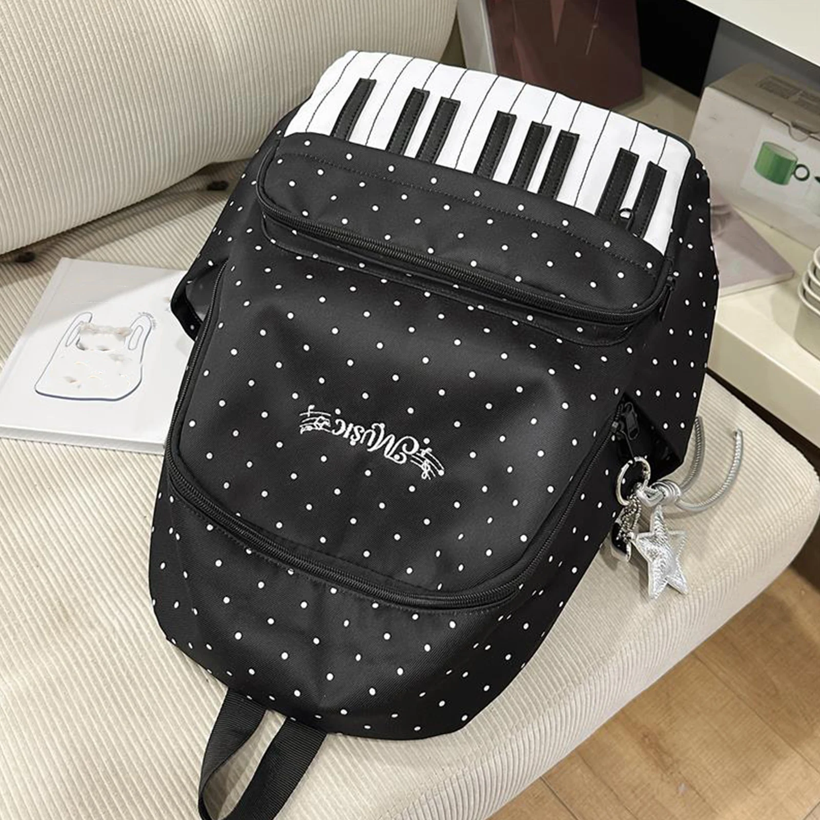 Nylon Polka Dot Print Backpack Preppy Style Cute Large Capacity School Bag Color-blocked Durable Piano Key Backpack College