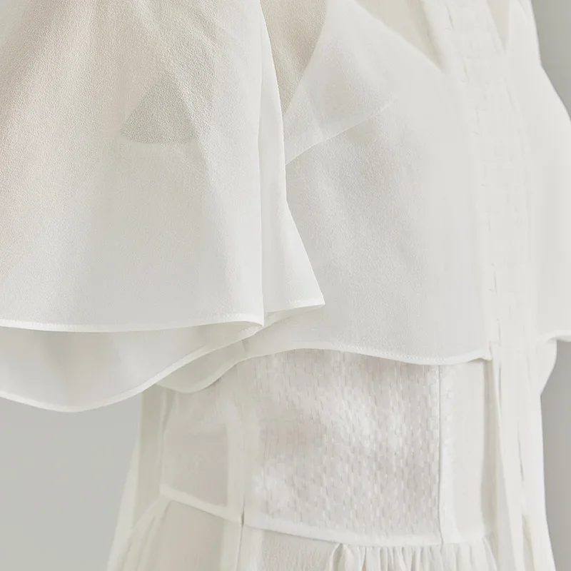 Voa jacquard seda splice dupla camada georgette vestidos de seda pura feminino duas peças de seda doce vestido branco verão 2023 novo ae2108