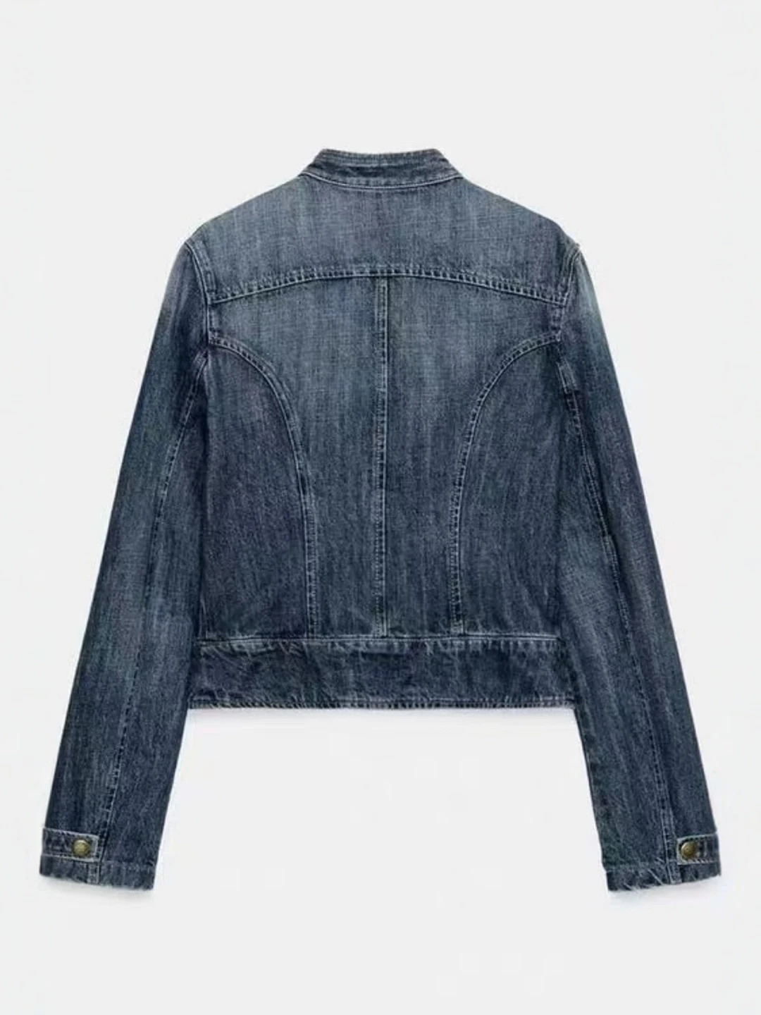 Retro Style Women's Jacket Double Row Buttons Long Sleeve Stand Collar round Collar Denim Coat Short Outerwear for Ladies