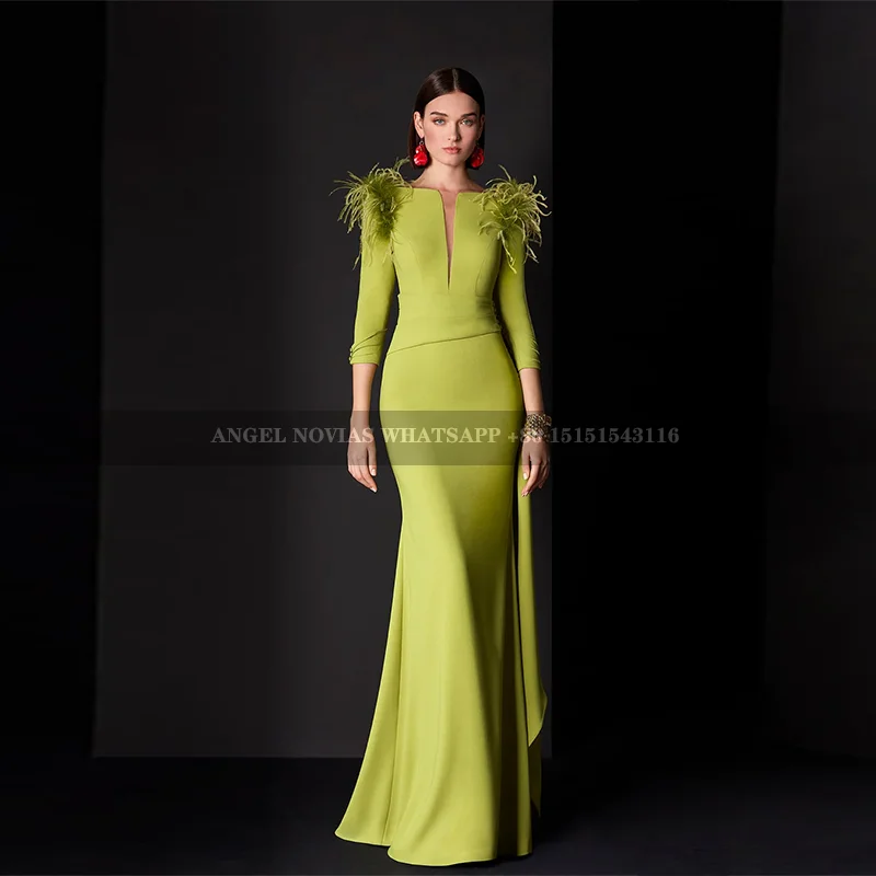 

Long Mermaid Green Mother of the Bride Dresses with Feather Wedding Party Dress Vestidos De Fiestas robes invitée mariage