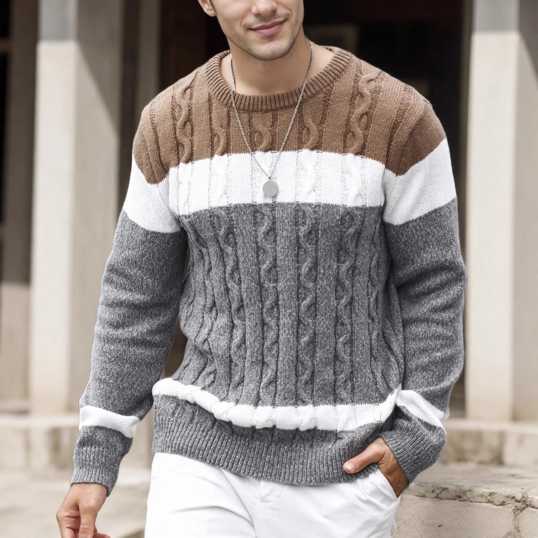 2026 Autumn Loose Version Crew Neck Knitted Sweater New Men's Color Matching Crew Neck Jumper