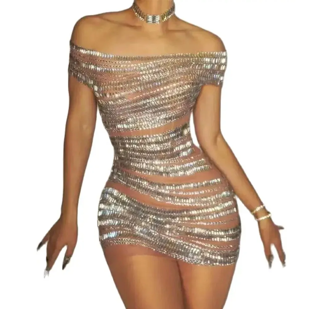 Sexy Sparkly Diamond Off-shoulder Short Dress Women Sexy Mesh See Through Party Celebrate Birthday Dress Photography Stage Dress