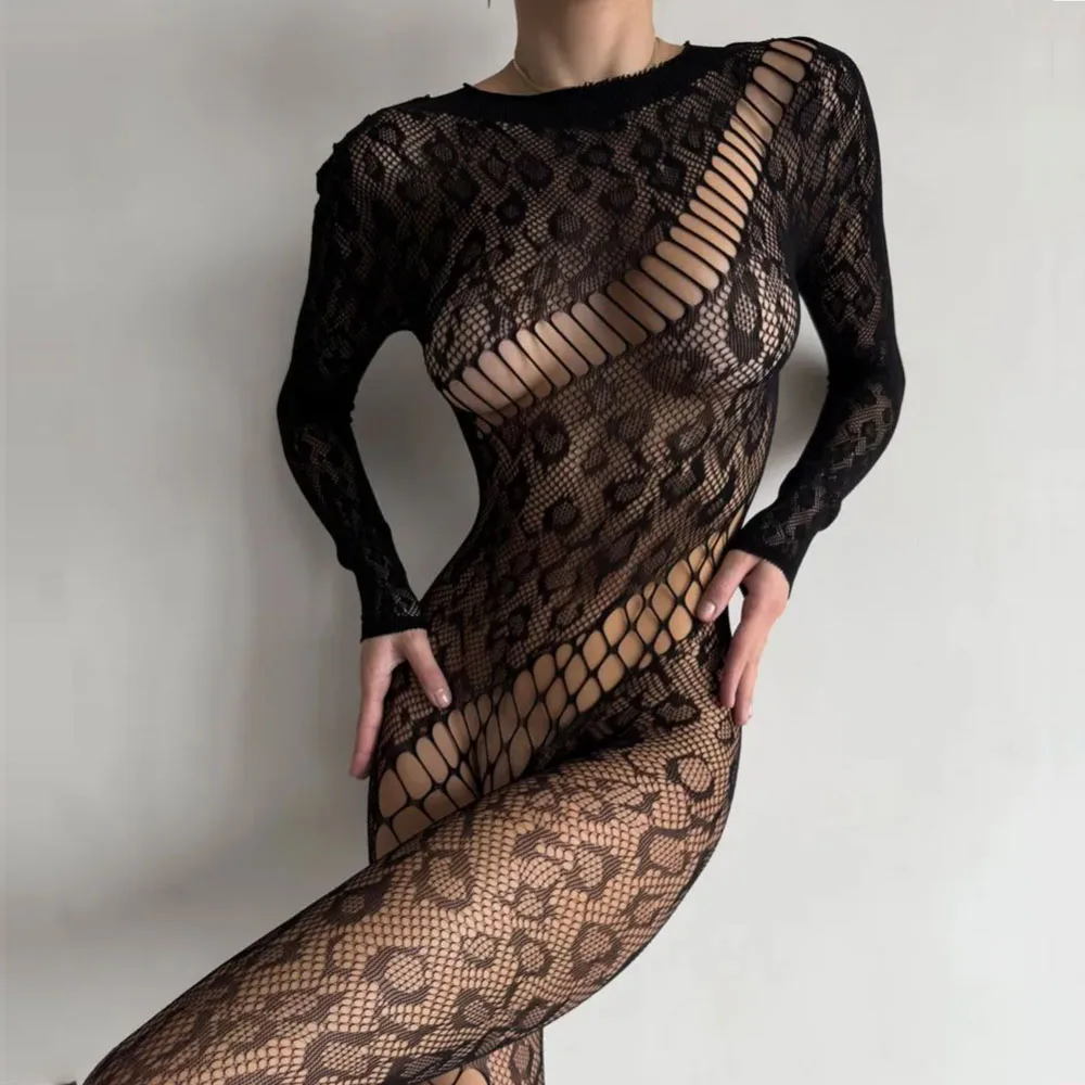

Sexy Sheer Mesh Bodystocking One Piece Crotchless Lingerie Long Sleeve Transparent Jumpsuit Mesh Tights Clubwear for Women