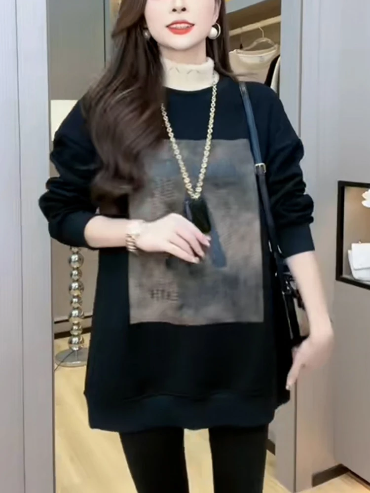 여성용 기모 안감 중간 길이 하이 칼라 스웨트셔츠 겨울 신상 한국 스타일 다용도 배 커버 자켓