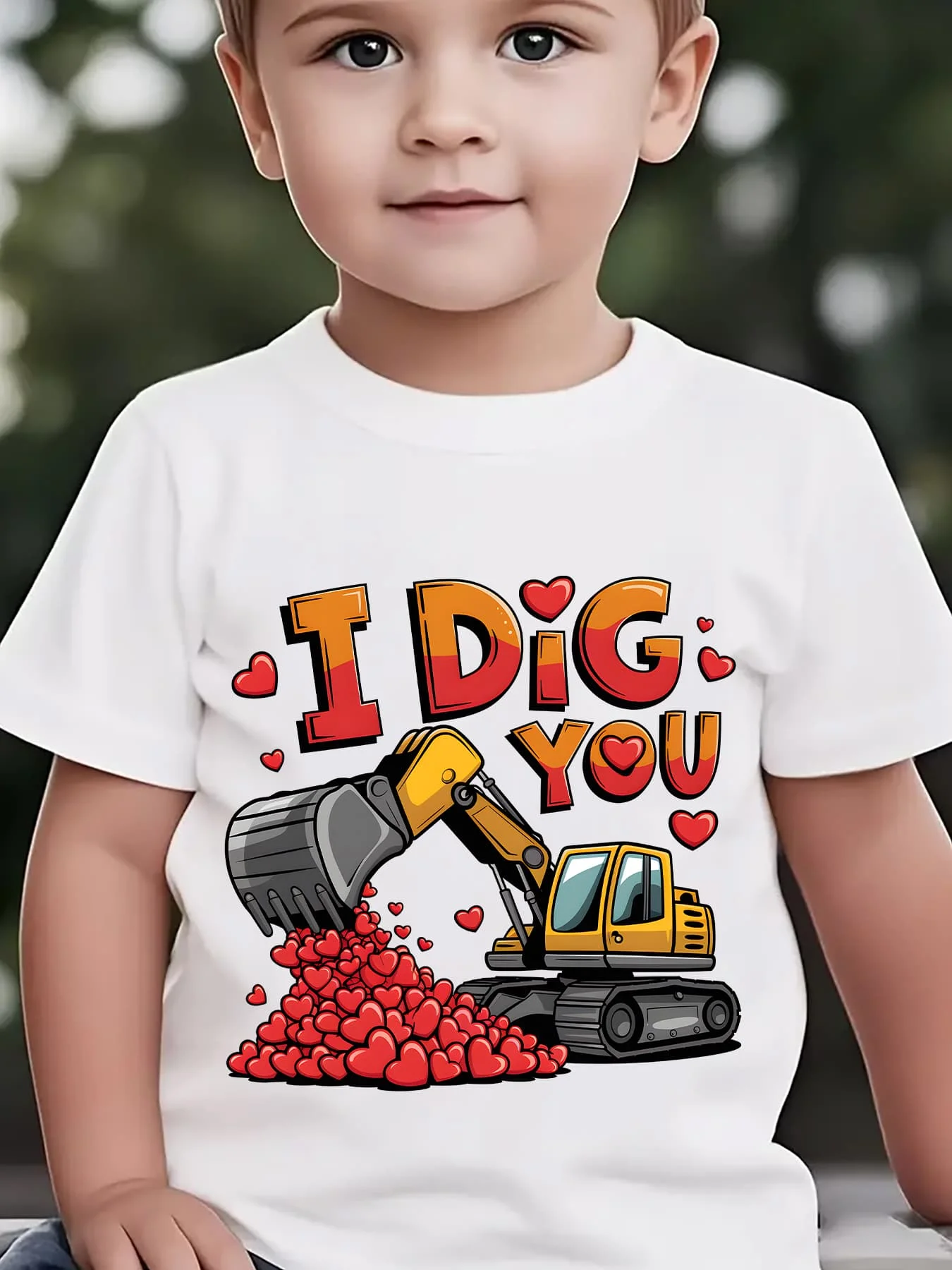 Cute Excavator Love Heart Quote Print Boys Girls Family Matching Cotton Short Sleeve Crew Neck Soft Summer Kids Casual Tees