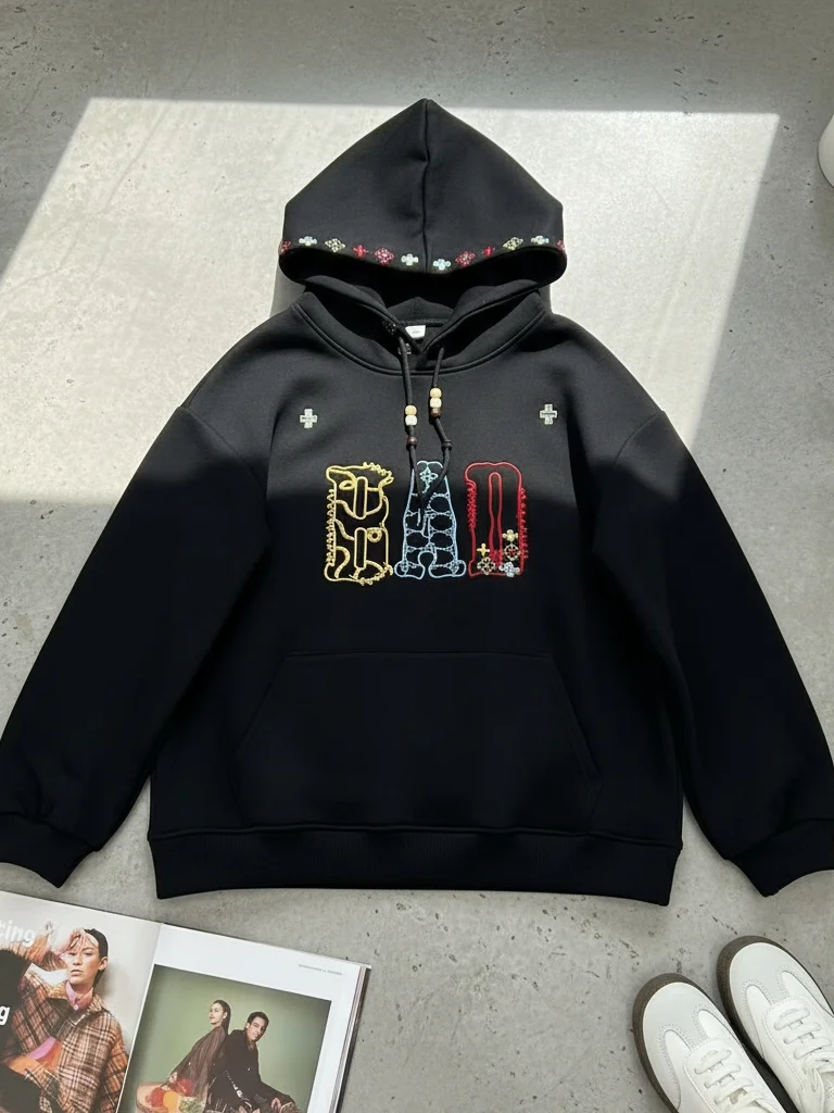 

Утепленная флисовая толстовка оверсайз 300 Pou в американском стиле с капюшоном, вышитыми надписями, модная повседневная куртка