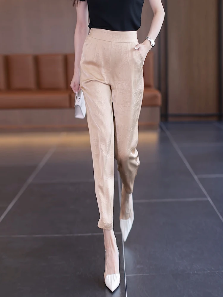 

Женские летние тонкие брюки-шаровары из ледяного шелка с эффектом похудения, новые, эластичные, с высокой талией, свободные, повседневные, укороченные, прохладные, свободного кроя