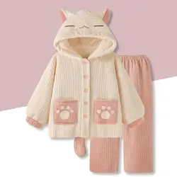 Kawaii Girls Thicken Coral Velvet Pajamas Set Warm Soft Loungewear Hooded Single-breasted Sleepwear Cute Cat Home Wear for Women