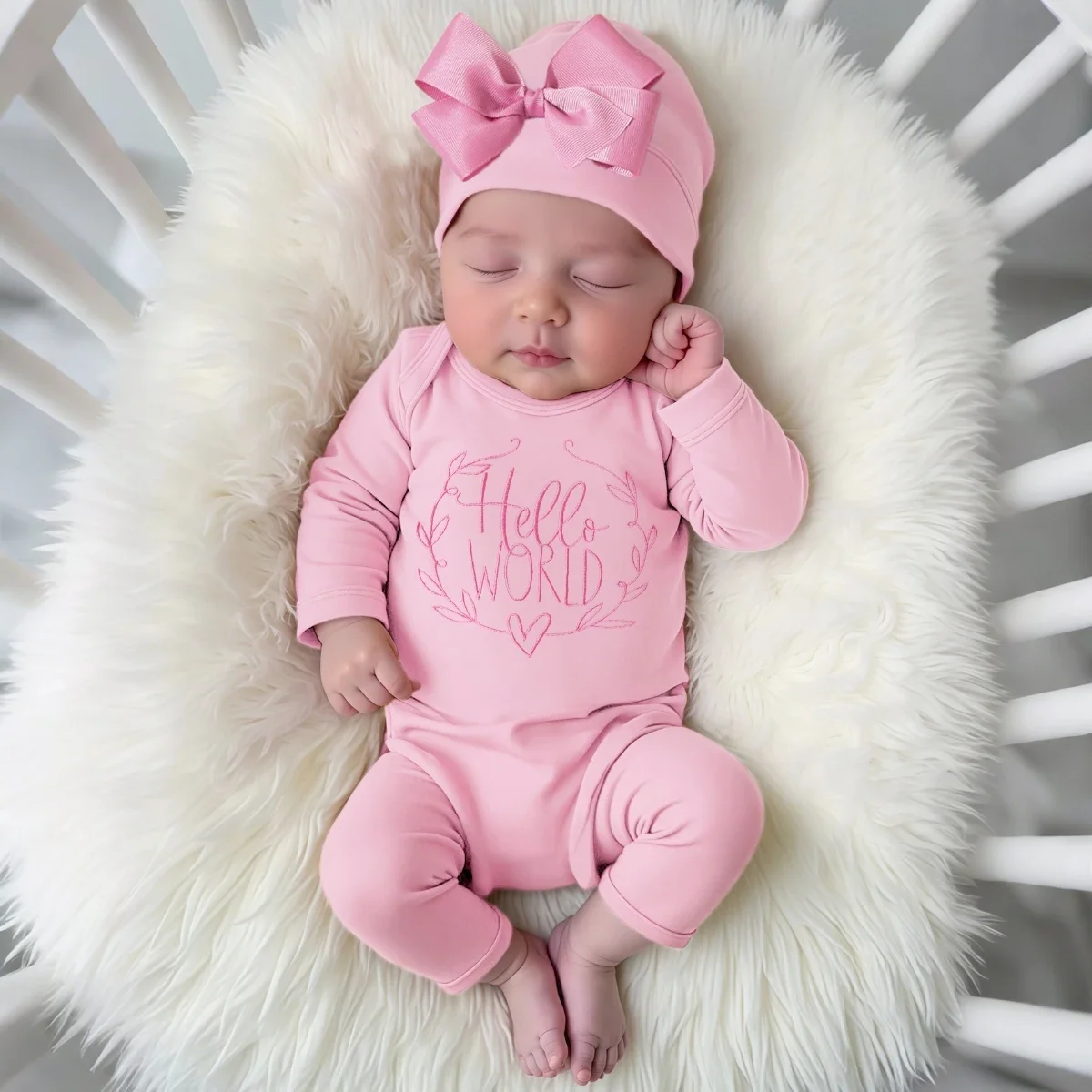 Ylsteed Newborn Romper Jumpsuit with Bow Hat 'Hello World' Embroidery Infant Photography Props for Coming Home Outfit Baby Gift