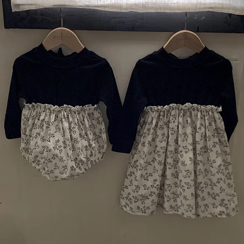 Autumn Family Matching Outfits  0-6Y Fashion Dress Twins Sisters Clothes Splicing Flowers Dress Bow O-neck Long Sleeves Bodysuit