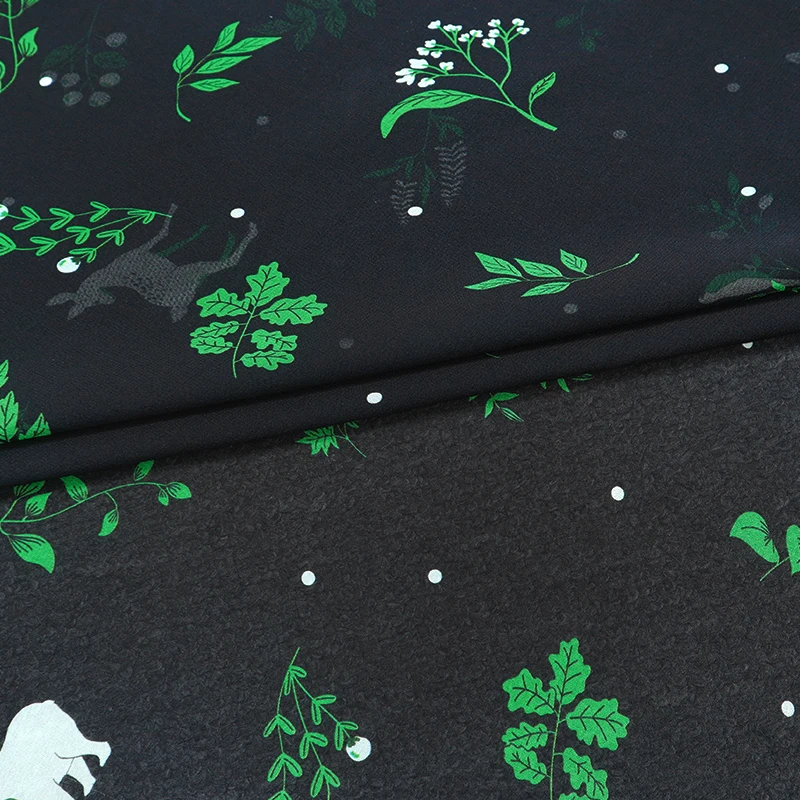 

100% Mulberry Silk Think Transparent Green Leaf Printing Black Color 10momme 110cm Wide