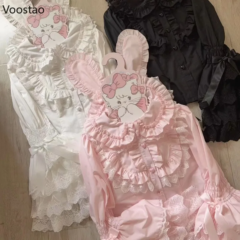 Japonês doce estilo lolita blusas femininas bonito rendas peter pan colarinho arco alargamento manga longa camisas góticas feminino kawaii y2k topos