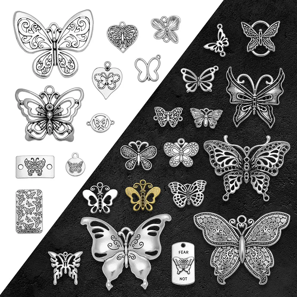 Antique Silver Plated Butterfly Charms Insect Connector Pendants For Diy Bracelets Jewelry Making Findings Supplies Accessories