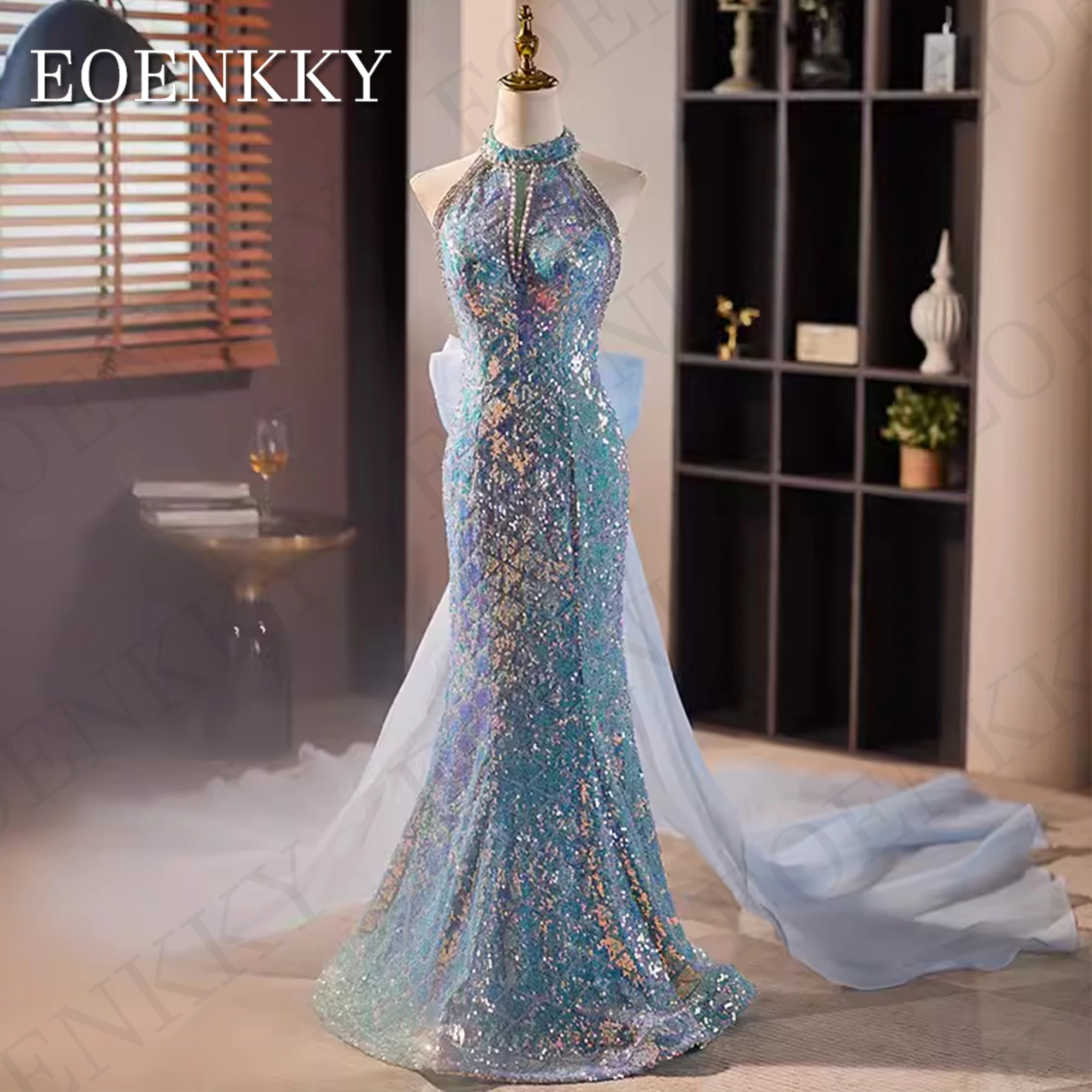 

Blue Mermaid Shiny Evening Dress Modern Sparkly Sequin Halter Backless Wedding Party Dresses Detachable Train robes de soirée