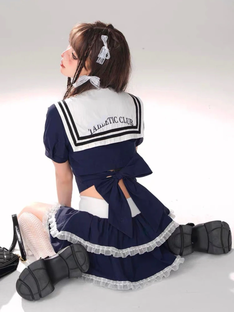 

Japanese Style Uniform 2 Piece Set Women Casual Bow Y2k Crop Tops + High Waist Fluffy Mini Skirt Spicy Girls Kawaii Sweet Suit