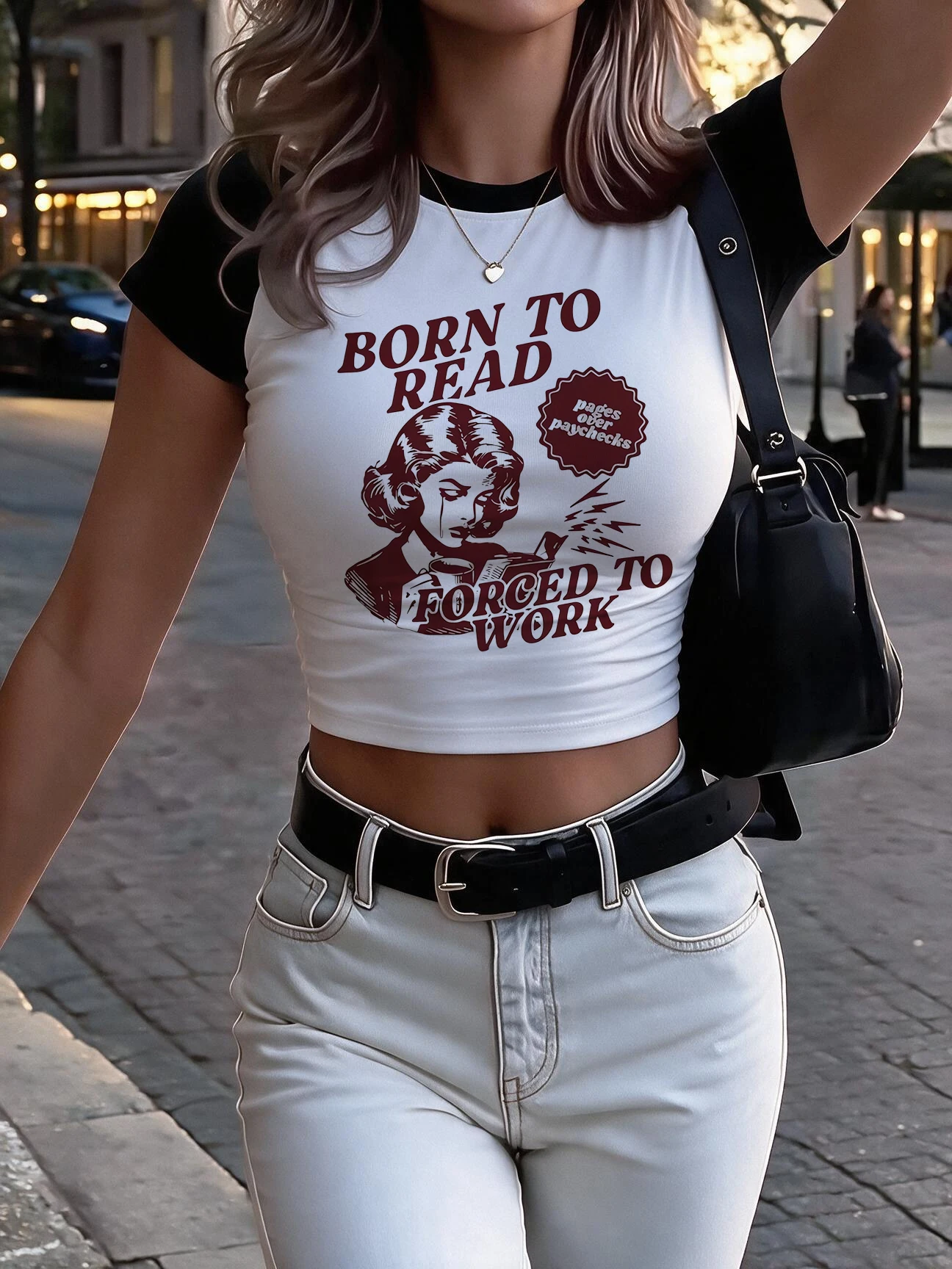 Vintage Book Lover Design with Retro Crop Tops Women's Born To Read Forced To Work Graphic Cropped T Shirt Illustration Tshirt