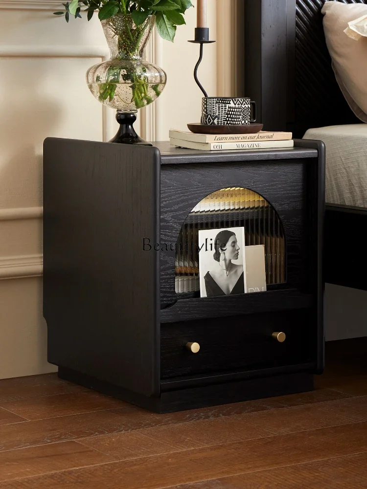 French retro solid wood bedside table American light luxury black storage locker