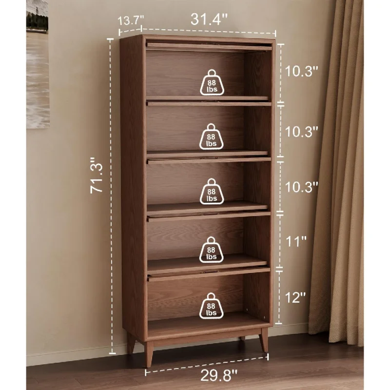 Solid Wood Bookcase 5 Tier Bookshelves With Tempered Glass Flip-Up Doors 72Hx13.7Dx32W